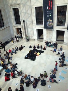 Performers are joined by Quakers and members of Dharma Action Network for Climate Engagement to recreate the mourn the Deepwater Horizon spill, in the British Museum.