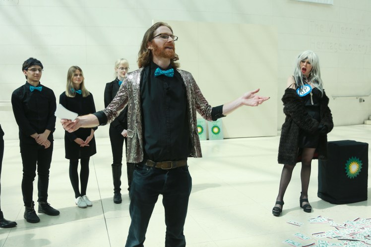Climate activists perform an anti-BP sponsorship play at the British Museum