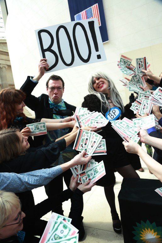 Climate activists perform an anti-BP sponsorship play at the British Museum