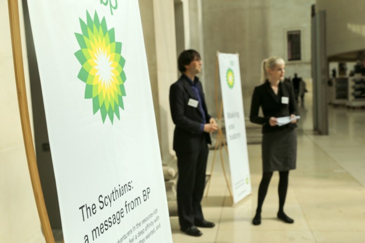 Fake BP staff at exhibition entrance. Photo by Diana More